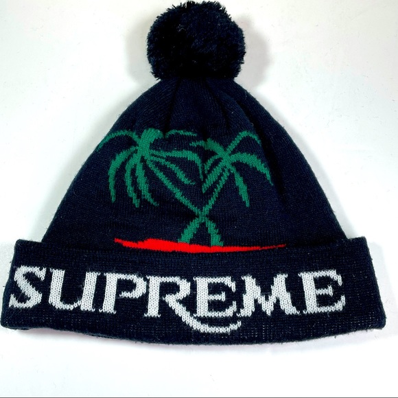 Supreme Other - Supreme Palm Trees Ski Cap Winter Beanie with Pom Pom Ball Blue Green